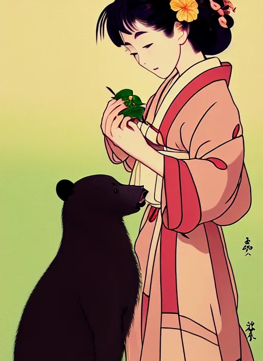 Image similar to painting of a girl wearing a kimono giving a peach to an anthropomorphic asian black bear, featured in artstation, octane render, cinematic, elegant, intricate, 8 k, close up, in the style of studio ghibli and heikala and alphonse mucha,