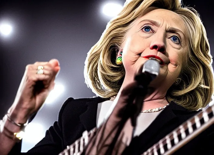 Image similar to publicity photo still of hillary clinton in a death metal band playing live on stage, 8 k, live concert lighting, mid shot