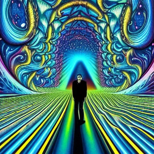 Image similar to man, one with the universe, psychedelic art, optical illusion, unreal, surreal