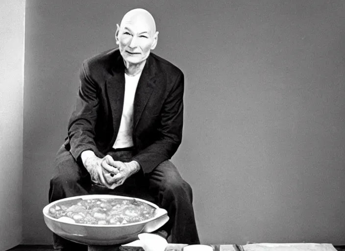 Image similar to patrick stewart sitting in a big bowl of beef stew