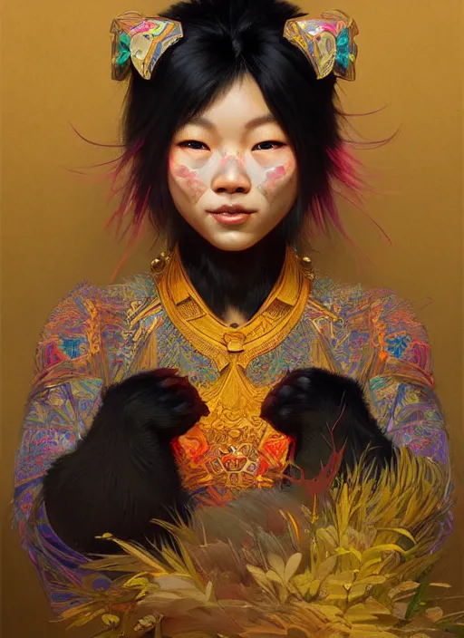 Image similar to portrait of anthropomorphic asian black bear, colorful, highly detailed, digital painting, artstation, concept art, smooth, sharp focus, illustration, art by artgerm and greg rutkowski and alphonse mucha