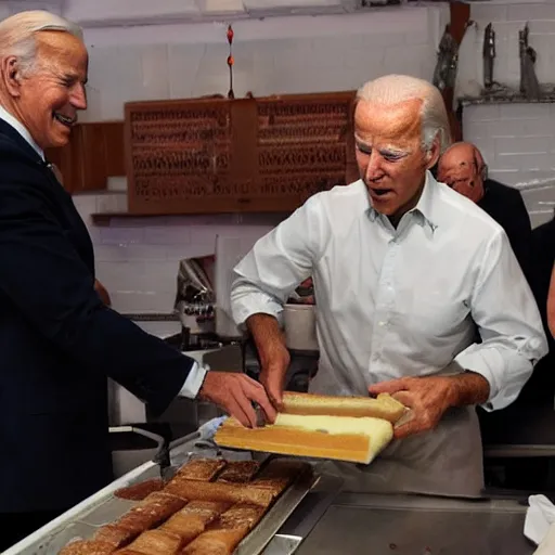 Prompt: joe biden cutting open a canoli, artistic vision, sacred, color restoration