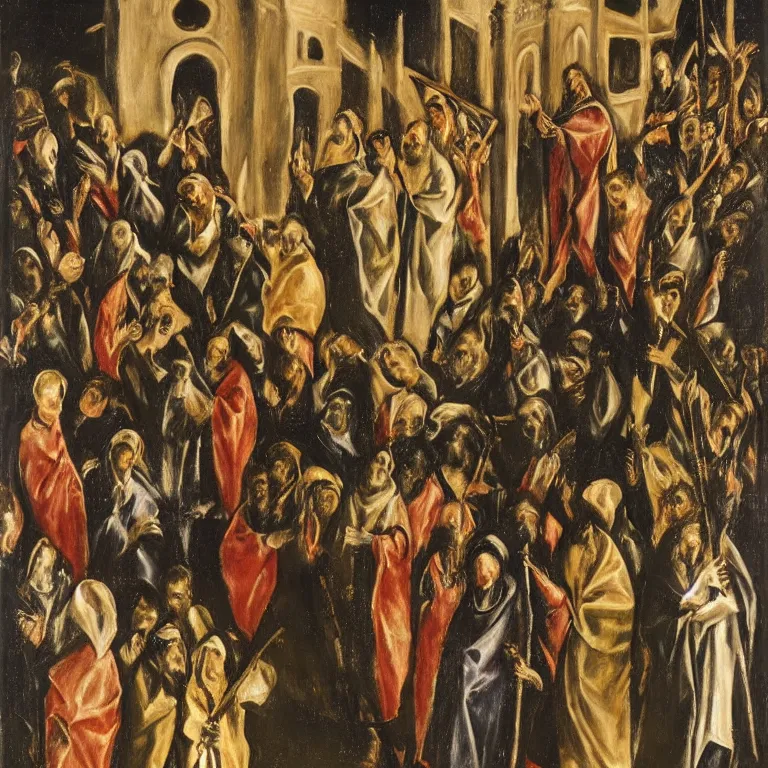 Prompt: A Holy Week procession in a lush Spanish village at night. A person at the front holds a cross. El Greco.