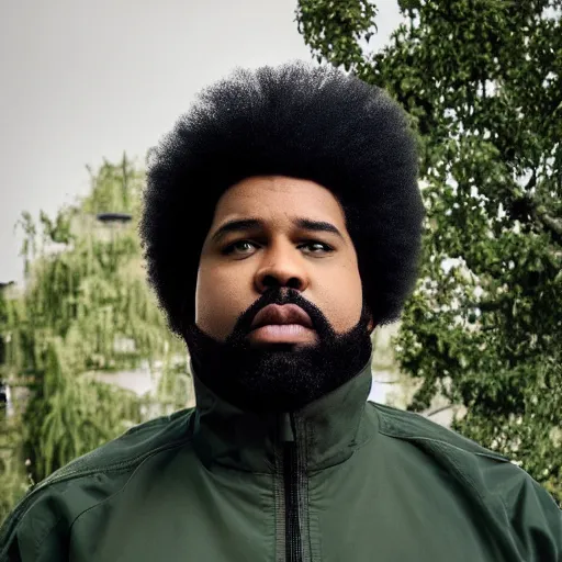 Image similar to photograph of a gigantic black man with afro hair and beard stubble wearing an adidas army green jacket, looming over dublin