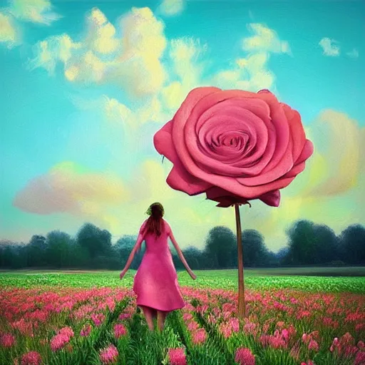 Image similar to large rose as a head, girl walking in a flower field, surreal photography, sunrise dramatic light, impressionist painting, colorful clouds, digital painting, artstation, simon stalenhag