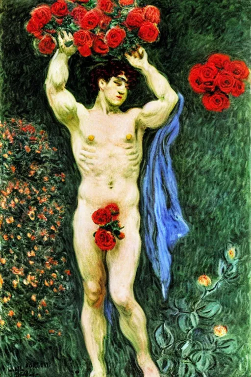 Image similar to the greek god hermes marched forward among the roses, monet, musha