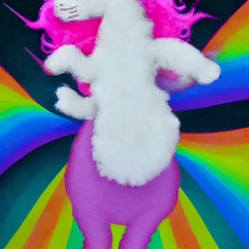 Prompt: pink fluffy unicorn dancing on rainbows