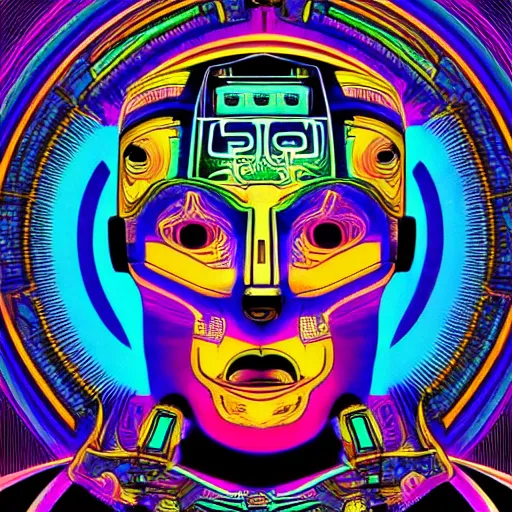 Prompt: hyperdetailed portrait of a cyberpunk aztec futurism robot head, 8 k, symetrical, trippy flourescent colors, halluzinogenic, tshirt art, black background