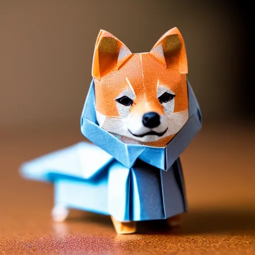 Image similar to close up photo of a small origami shiba inu, cinematic, shallow dof, 3 5 mm, 4 k, macro