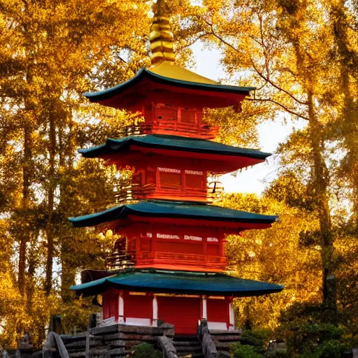 Prompt: pagoda made of gold and red paint beside a waterfall. forest scene. fluffy cloud skies. golden hour. peaceful
