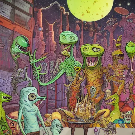 Image similar to crowded extraterrestrial bazaar on another planet, Jim Henson creature shop, highly detailed, illustration