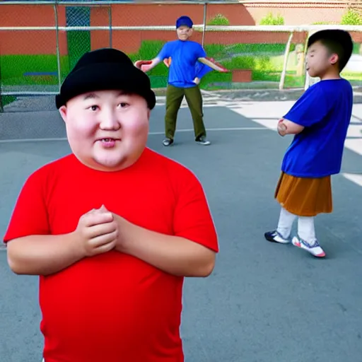 Prompt: fat kazakh guy in a red baseball cap teaching kids in school