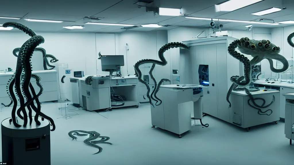 Image similar to a mri 3 d printer machine and control panels in the laboratory inspection room making mutant octopus forms, film still from the movie directed by denis villeneuve with art direction by salvador dali, wide lens