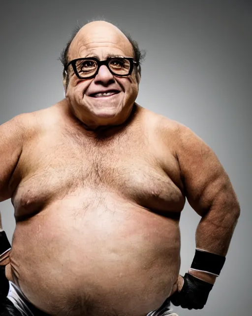 Image similar to portrait of danny devito as a professional wrestler. photographic, photography