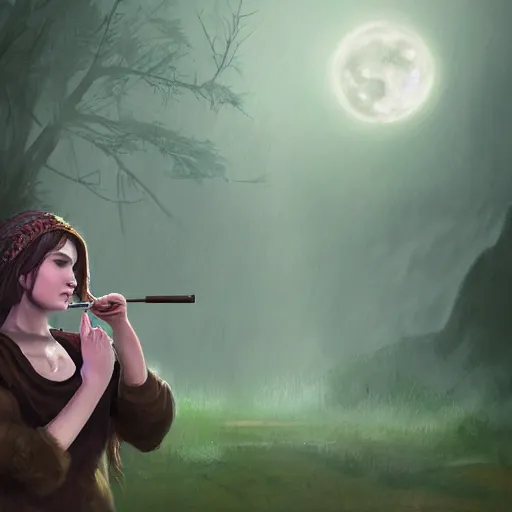 Prompt: portrait of a young female druid smoking pipeweed, D&D, moonlight, realistic, cinematic lighting, fantasy digital painting