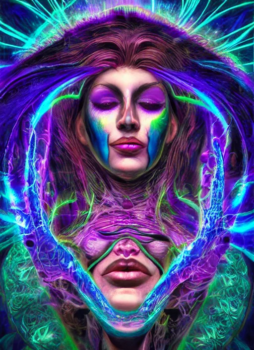 Image similar to tripping magic cult psychic woman, painted face, third eye, energetic consciousness psychedelic, epic surrealism expressionism symbolism, ultra high definition, unreal engine 5, volumetric lighting cinematic ray trace photorealism, symmetrical face, dark myth mythos, by alex grey, masterpiece