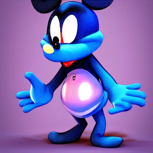 Image similar to a blue furry mickey rat with triangle ears and back gloves, high quality 3 d render trending in art station