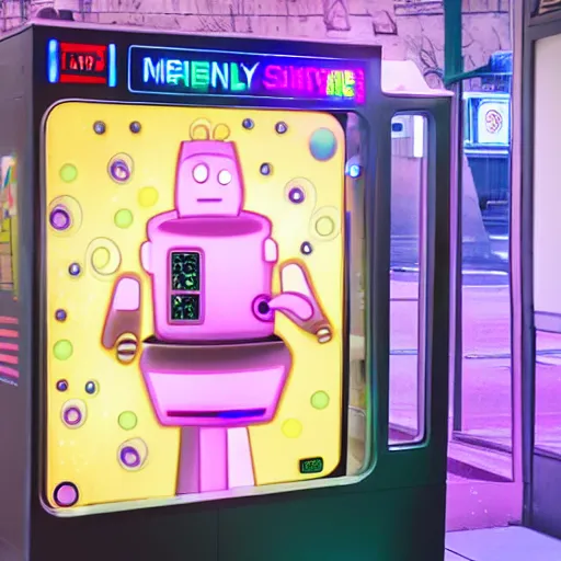 Image similar to friendly sentient robot vending machine smiling with a face of pastel led lights, made of cheap materials, selling cheap junk food in a city comprised of light matter, set in the distant future, plants, light prisms, rainbow diffraction, steampunk, cyberpunk, robots, warm lights, anime, vhs distortion, art style mimics starlight brigade by game grumps