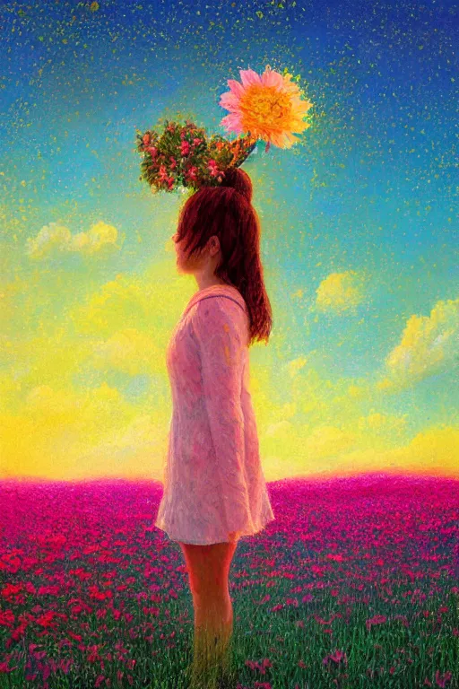 Image similar to girl with big flower as a face, standing in a flower field, big trees, sunrise dramatic light, impressionist painting, colorful clouds, digital painting, pointillism, artstation, simon stalenhag