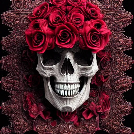 Image similar to skull made of red roses, organic horror, devil, death, giger, epic, baroque, art nouveau, james jean, photorealistic render, 3 ds max + v - ray, extremely detailed and intricate, center composition, elegant, vfx, unreal engine 5, octane render, extremely contrast, extremely sharp lines