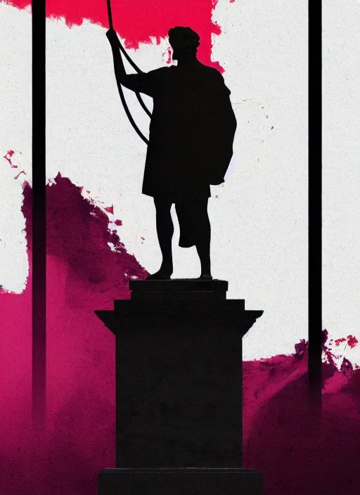 Image similar to elegant dark design poster showing a beautiful greco roman statue of friedrich nietzsche, black background with very subtle red and purple design elements, bold, powerful, nekro, vito acconci, thin straight purple lines, dark, glitch art, neo vaporwave, gritty, layout frame, square, trending on artstation