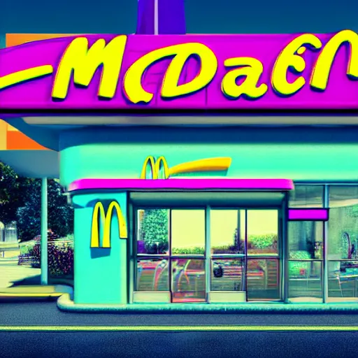 Image similar to 80s vaporwave outrun 3d Render of a mcdonalds, liminal space retro, grainy, noisy