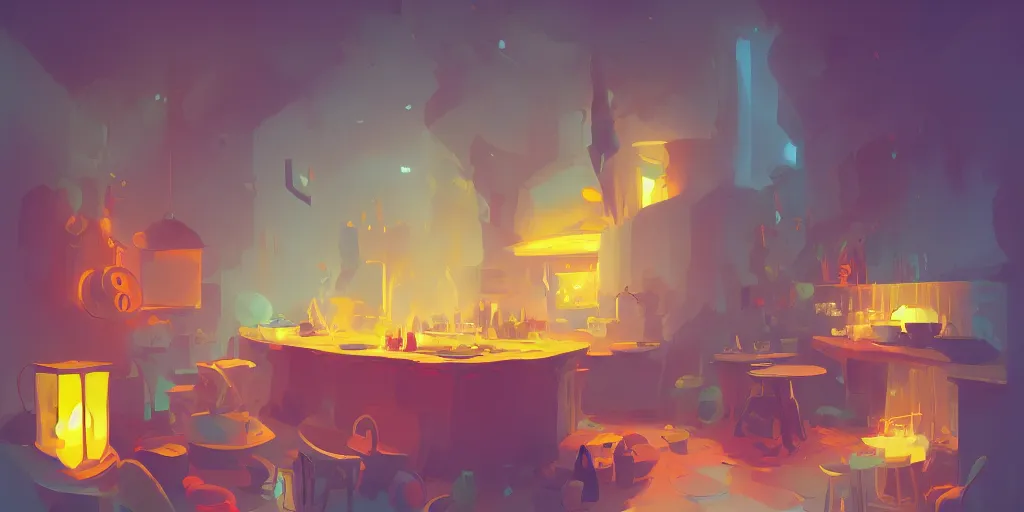 Image similar to `weird perspective`!!!!!!!!!!!!! epic illustration of a kitchen dim lit by 1 candle in a scenic environment by Anton Fadeev