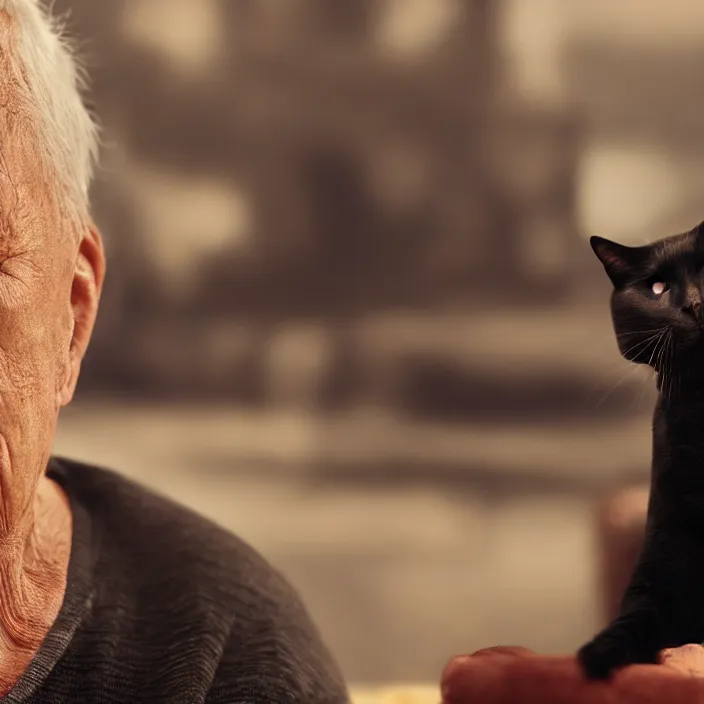 Image similar to cinematic movie close up shot, background blur bokeh, old man sitting with black cat watching nuke explosion close up!, world ending nuke, 4 k