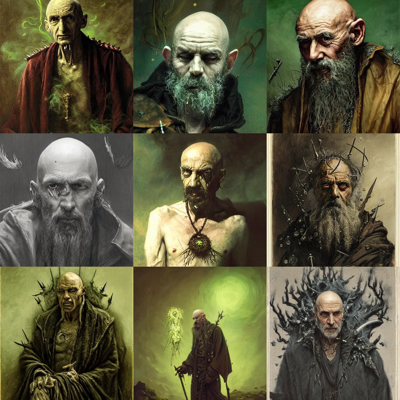 Prompt: portrait of an elderly mage, male bald emaciated, wearing spikes and piercings, sigils, tattered robes, wisps of green smoke, painting by greg rutkowski and gustave dore