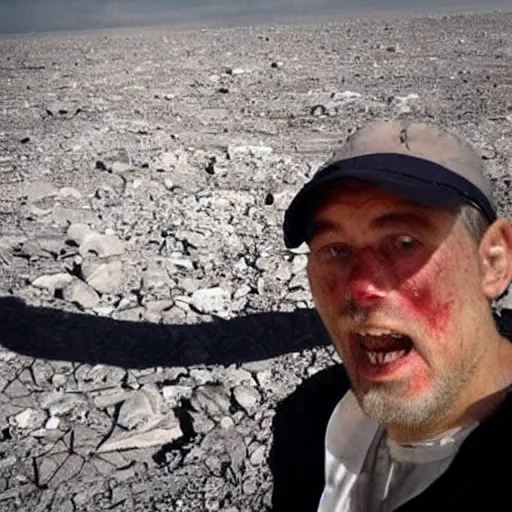 Image similar to last selfie before end of earth, nukes at background, very scarry and depressing