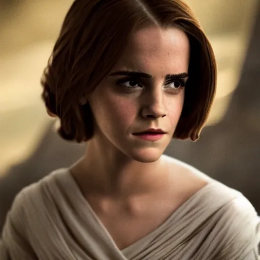 Image similar to Emma Watson in Star Wars, XF IQ4, 150MP, 50mm, f/1.4, ISO 200, 1/160s, natural light, Adobe Photoshop, Adobe Lightroom, DxO Photolab, Corel PaintShop Pro, rule of thirds, symmetrical balance, depth layering, polarizing filter, Sense of Depth, AI enhanced, sharpened, denoised, HDR, clean