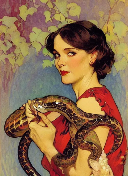 Prompt: an art nouveau copic maker portrait of a woman holding a snake in the night by john berkey by edward hopper, alphonse mucha, loish, norman rockwell