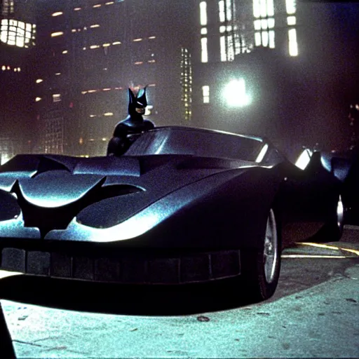 Image similar to henry cavill as batman in batman ( 1 9 8 9 ), standing next to the batmobile, by tim burton, dark deco, gotham city, film still