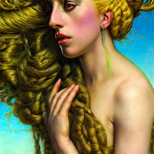 Image similar to photo realistic, hyper realism, lady gaga artpop act ii album, intricate detail, hyper detail, gaston bussiere, sandro botticelli style, with neon aqua rapunzel dreadlocks, detailed, masterpiece, sharp focus,