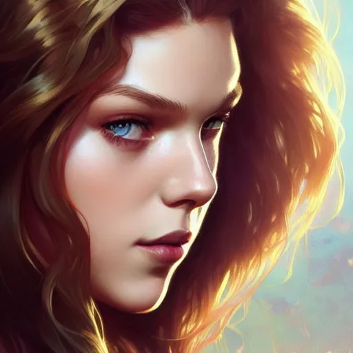 Image similar to beautiful Nicola Peltz as Super Girl, western, closeup, D&D, fantasy, intricate, elegant, highly detailed, digital painting, artstation, concept art, matte, sharp focus, illustration, art by Artgerm and Greg Rutkowski and Alphonse Mucha