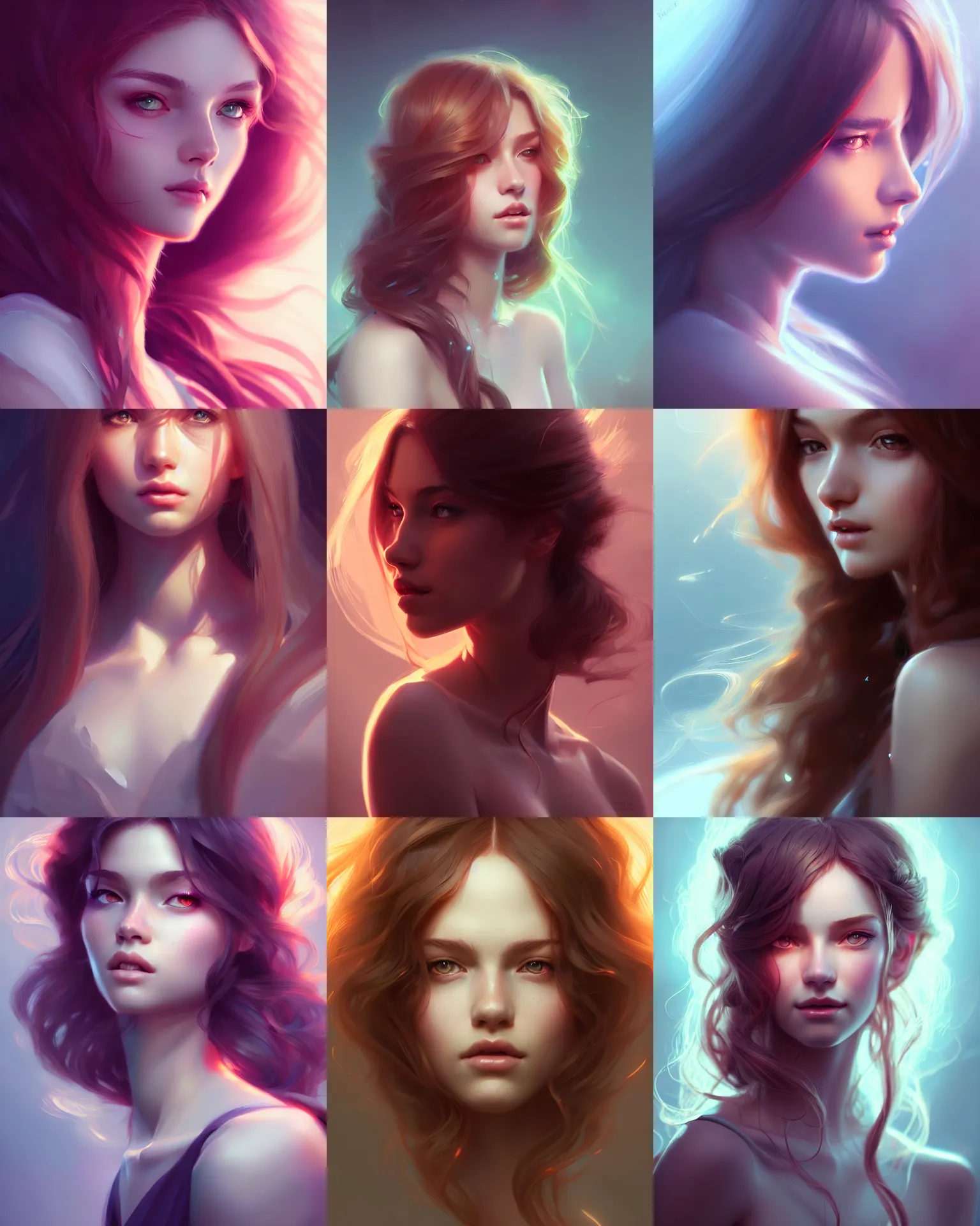 Prompt: Portrait of a beautiful girl, flowy hair, cinematic lighting, highly detailed, digital painting, trending on artstation, pixiv, concept art, sharp focus, illustration, art by Ross Tran and WLOP