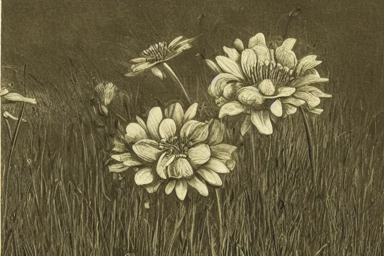 Prompt: close-up single flower in the grass, Gustave Dore lithography