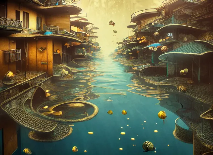 Image similar to art nouveau favela, underwater environment, scenery, professional, award - winning, trending on artstation, hyper detailed, realistic, beautiful, emotional, shiny, golden, picture