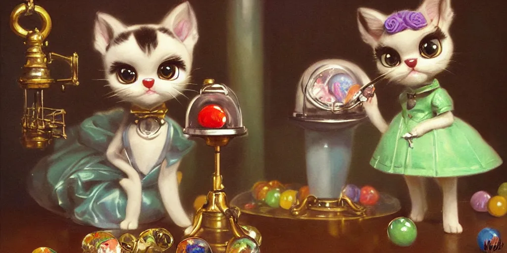 Image similar to 3 d littlest pet shop cat, vintage gothic gown, gumball machine, master painter and art style of noel coypel, art of emile eisman - semenowsky, art of edouard bisson