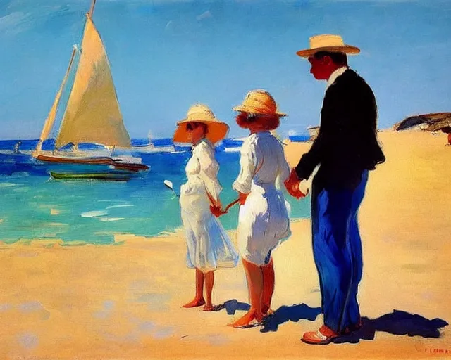 Image similar to a couple and a girl toddler on a beach in sardinia looking at a sailing boat, the man is wearing a panama hat, the woman has long dark hair, white sand, blue sky, summer, white and blue, painting by joaquin sorolla