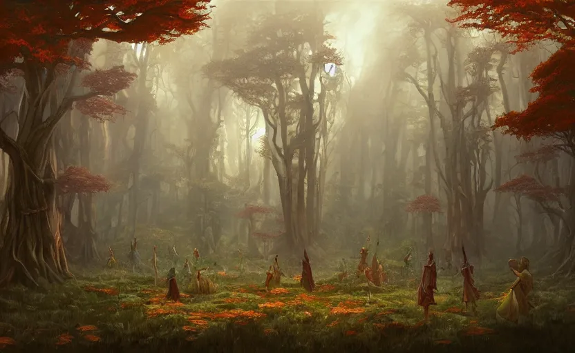 Image similar to magic forest with mage elves, matte painting by christophe vacher and marc simonetti.