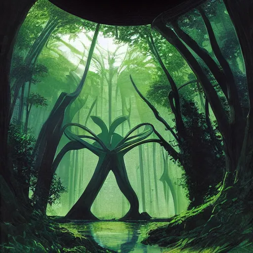 Image similar to portal in a middle of a lush futuristic forest, alien world seen through a portal, person in a cloak standing in front of a portal, syd mead, john harris