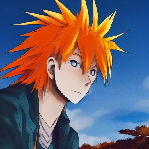 Prompt: orange - haired anime boy, 1 7 - year - old anime boy with wild spiky hair, wearing blue jacket, golden hour, partly cloudy sky, red clouds, orange sky, old town, strong lighting, strong shadows, vivid hues, ultra - realistic, sharp details, subsurface scattering, intricate details, hd anime, 2 0 1 9 anime