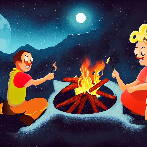 Prompt: family of fries making a campfire on the moon