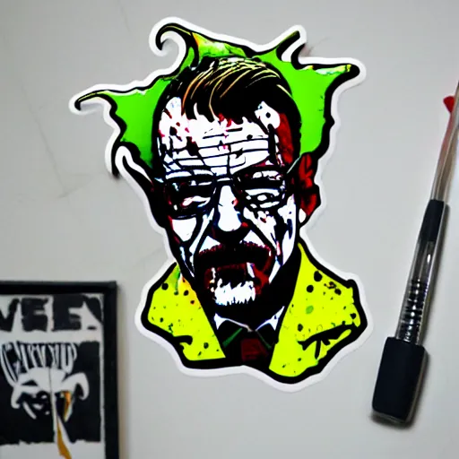 Image similar to die cut sticker, walter white wearing the joker suit, splatter paint