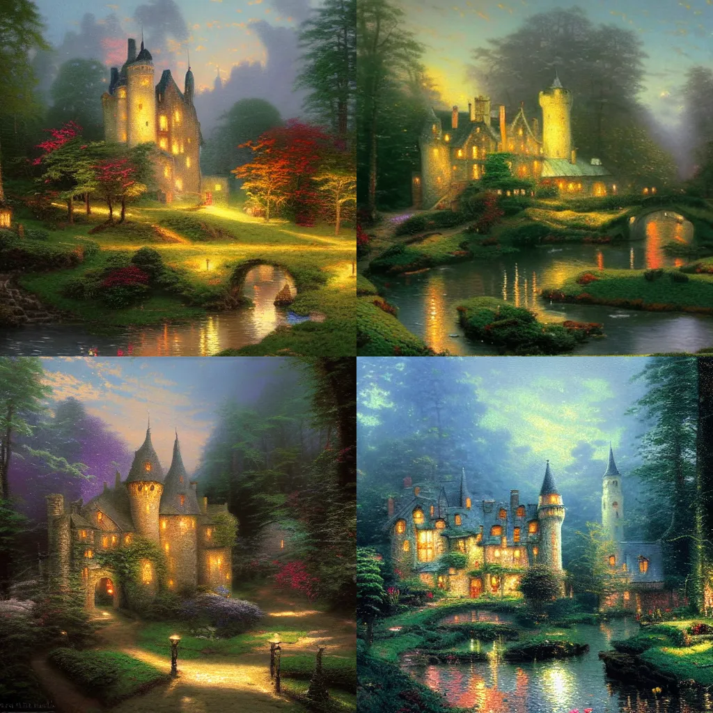 Prompt: thomas kinkade painting of old castle with moss dimly lit in a dense forest, candlelit windows