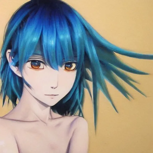 Image similar to Beautiful lonely girl, blue hair, symmetrically, smiling, anime style, pixiv, pinterest anime, full color, colorful, artist Steve Hanks, artist Alyssa Monks, endless summer art, artist WLOP artstation, artist Mam BA artstation, artist Arata Yokoyama, real photo, very detailed, realistic proportions, knowledge of anatomy, anatomy for beginners, true proportions, artstation trends, octane render, ray tracing, volumetric light