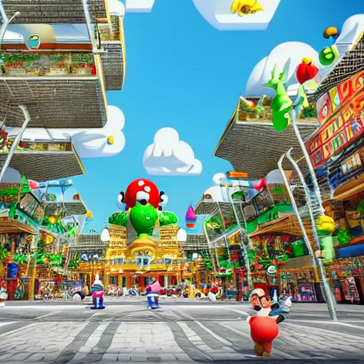 Prompt: super mario world shopping mall street view, with traffic, buildings, green warp tubes, question mark squares, hyper detailed, photorealistic, buildings in focus, 8k, octane render, unreal engine render, redshift render, digital graphics
