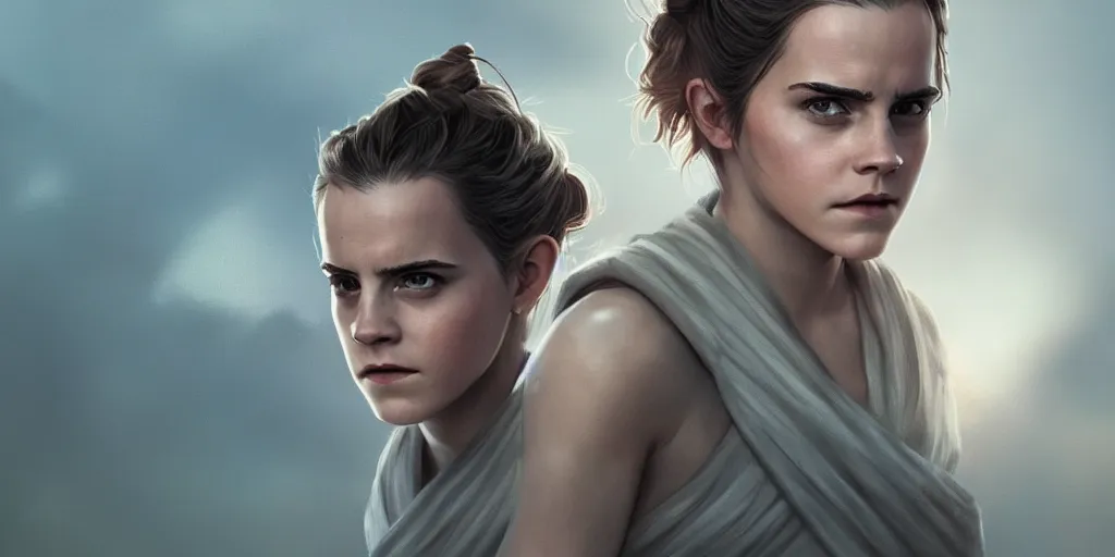 Image similar to Emma Watson is Rey Skywalker, hyperdetailed, artstation, cgsociety, 8k