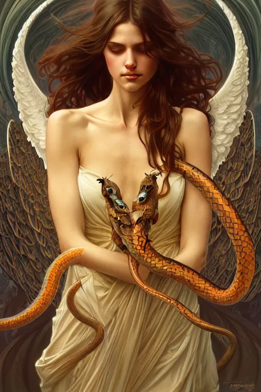 Prompt: group of angels dancing with snakes, fantasy, amber eyes, face, long hair, intricate, elegant, highly detailed, digital painting, artstation, concept art, smooth, sharp focus, illustration, art by artgerm and greg rutkowski and alphonse mucha